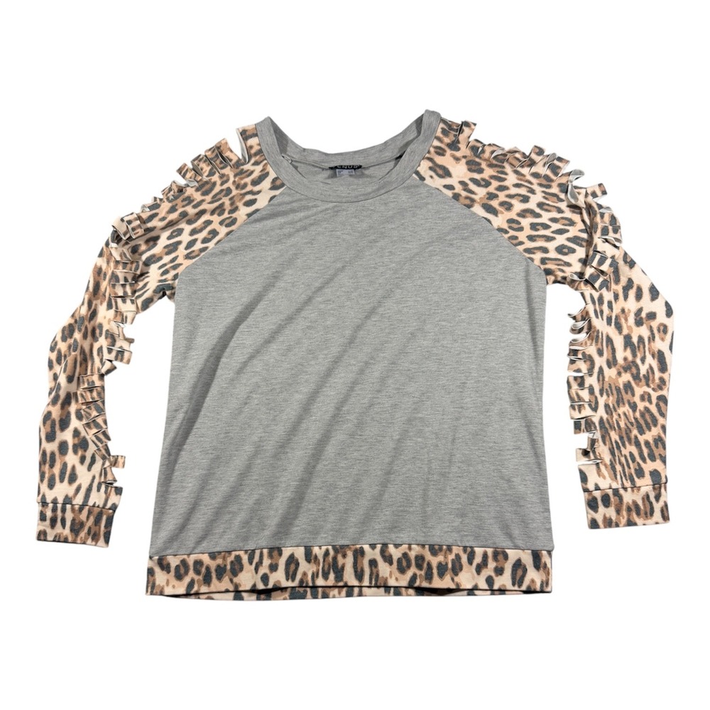 Venus Leopard Print Cutout Sleeve Top Womens Large Grey Animal Print Raglan